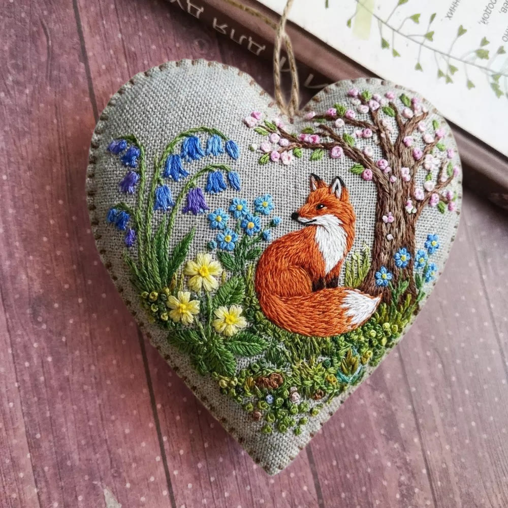 Rubbyoo Heart Embroidery Kit - Floral Fox | Animal Needlework Kit | Unique Hoop Art - 6 inches hoop kit - image 1