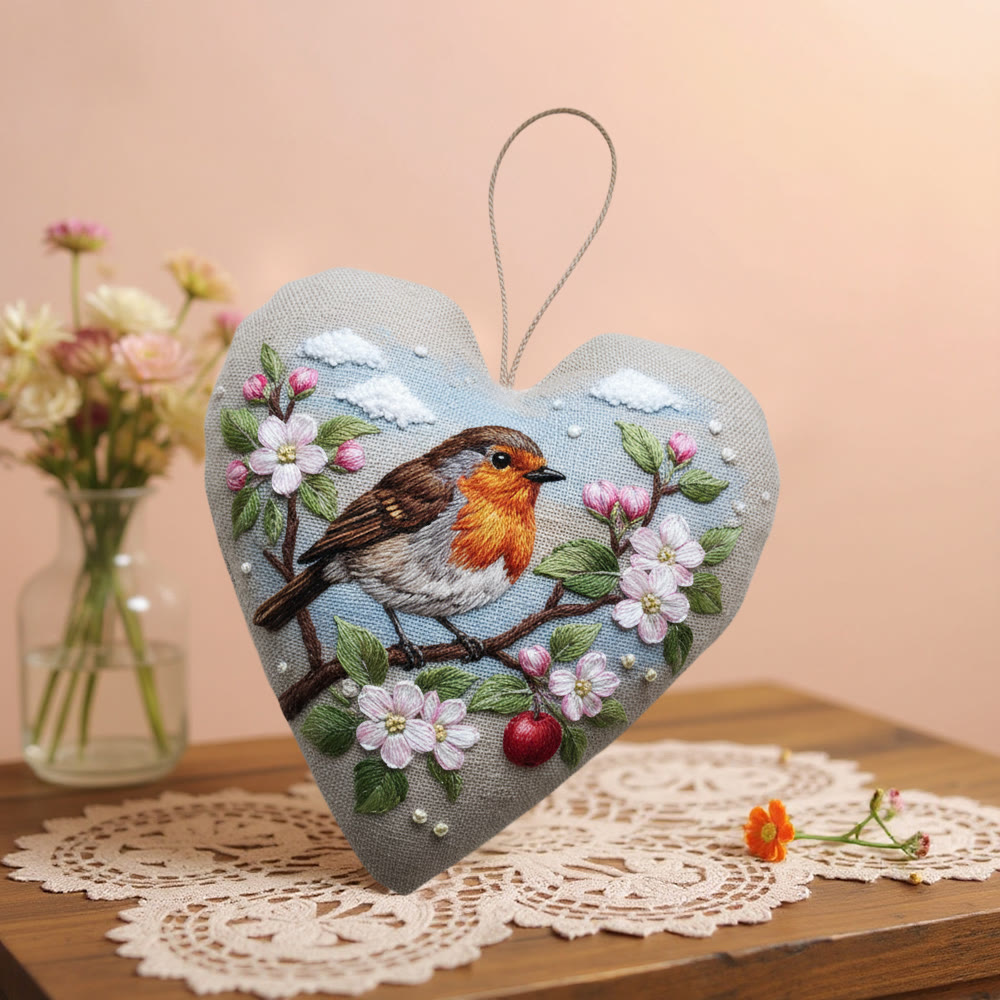 Rubbyoo Heart Embroidery Kit - Spring Robin | Lovely Animal Handmade Art | Perfect Bag Pendant - image 2