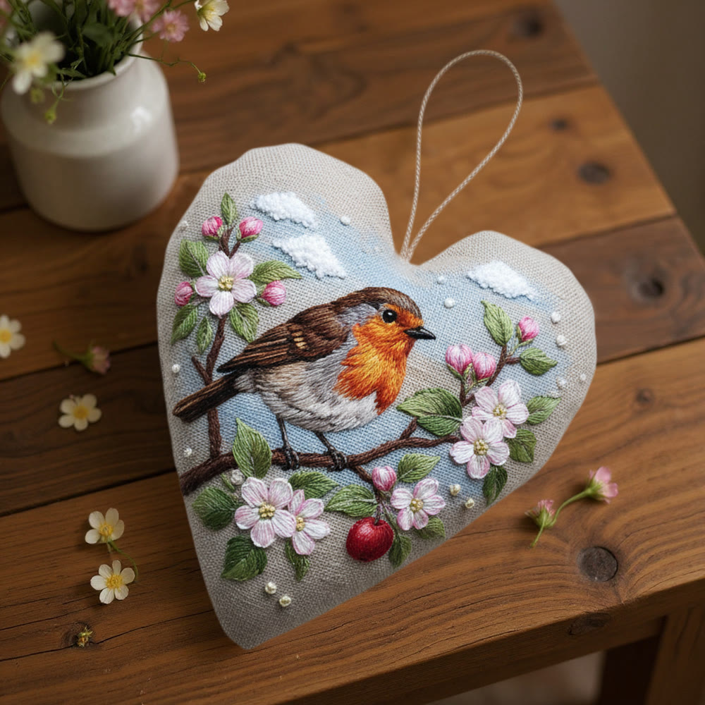 Rubbyoo Heart Embroidery Kit - Spring Robin | Lovely Animal Handmade Art | Perfect Bag Pendant - image 3