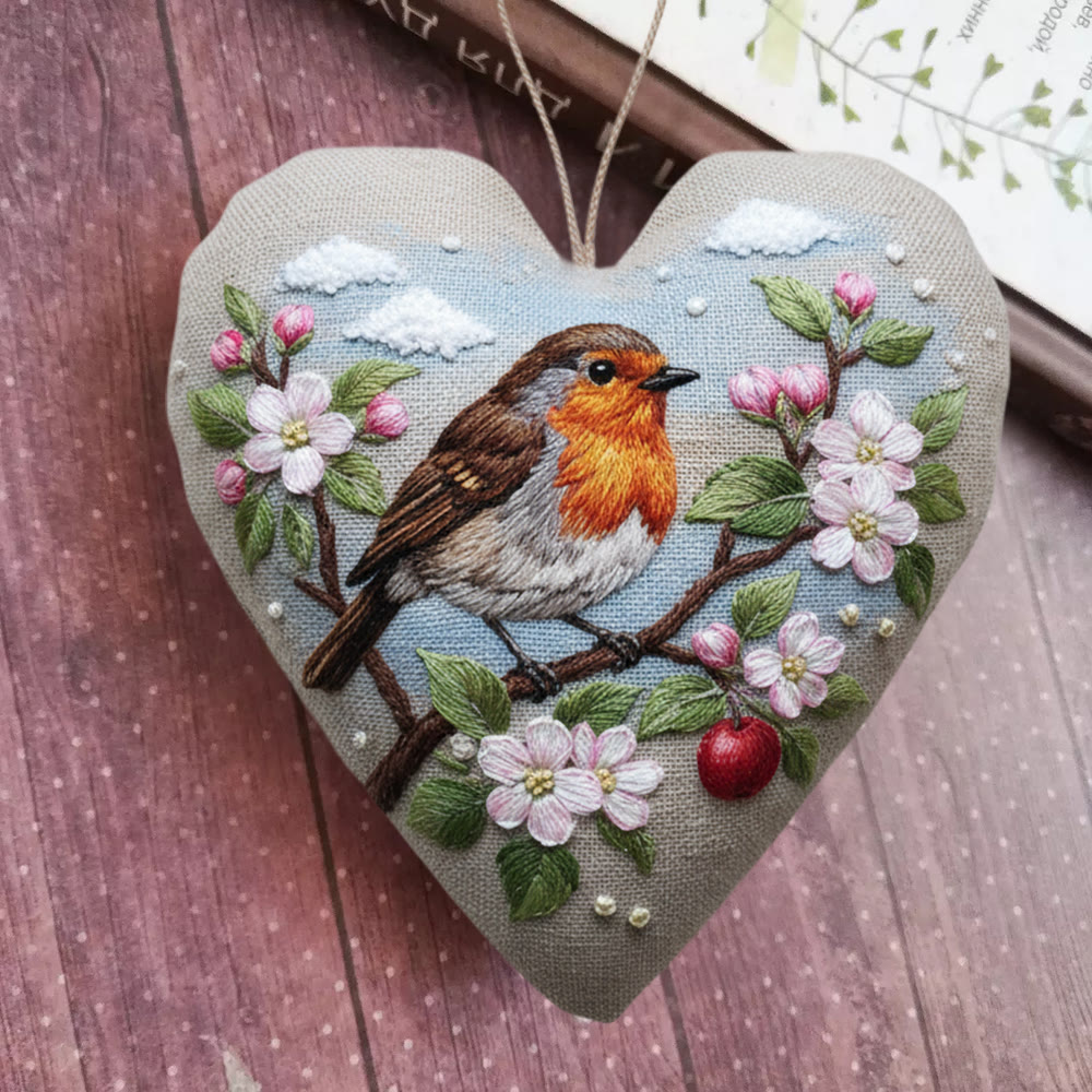 Rubbyoo Heart Embroidery Kit - Spring Robin | Lovely Animal Handmade Art | Perfect Bag Pendant - 6 inches hoop kit - image 1