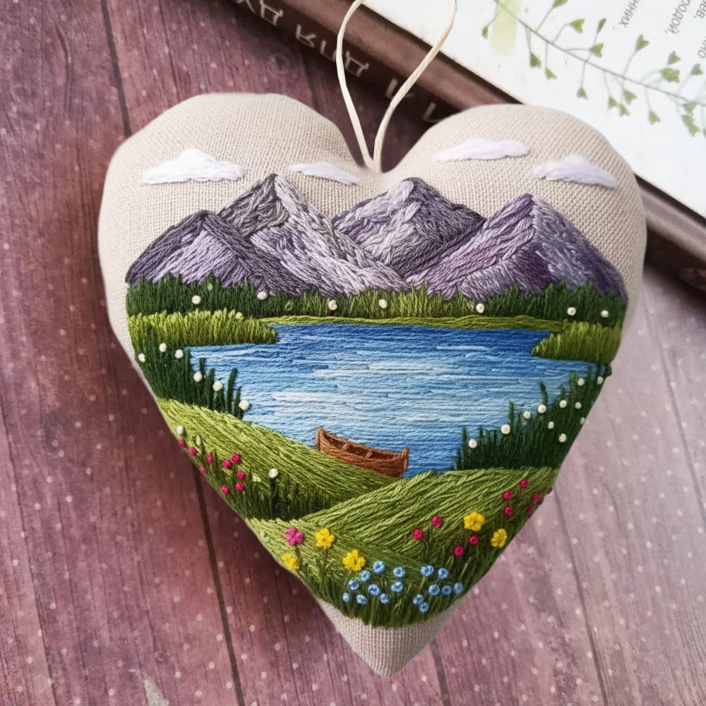 Rubbyoo Heart Embroidery Kit - Mountain And Lake | Wonderful Landscape Craft |  Diy Nature Stitch Art - 6 inches hoop kit - image 1