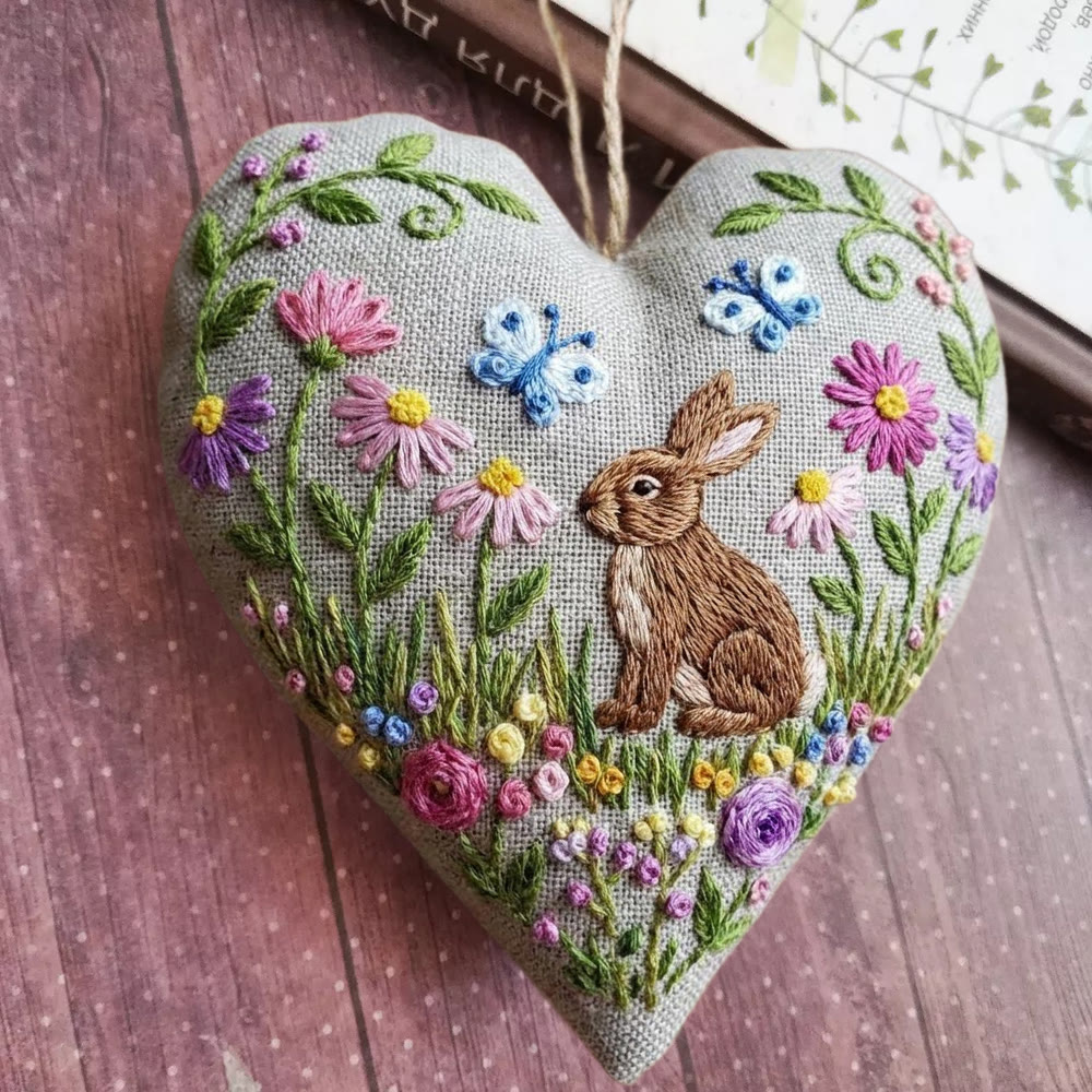 Rubbyoo Heart Embroidery Kit - Rabbit With Flowers | Diy Home Ornament | Unique Handmade Art - 6 inches hoop kit - image 1