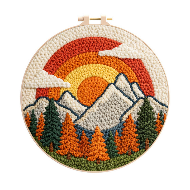 Vibrant Rainbow Mountain Sunrise Punch Needle Kit – Cheerful Handcraft Creation | Newbie-friendly Diy Project - 8 inch Hoop Kit - image 1
