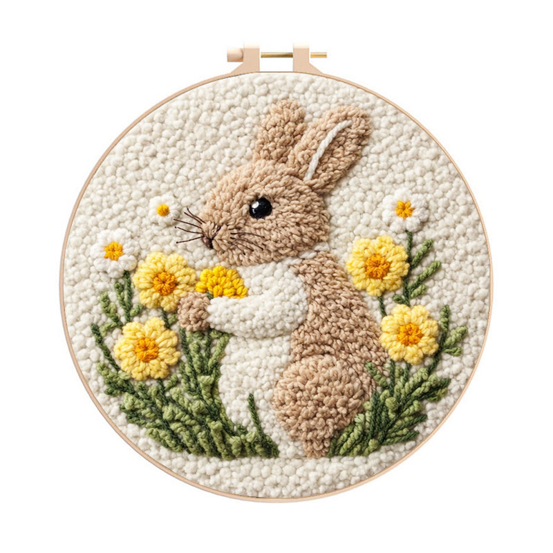 Daisy-snuggling Bunny Punch Needle Kit – Inventive Handcraft Creation | Newcomer-easy Diy Project - 8 inch Hoop Kit - image 1