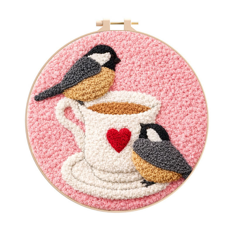Blush Heart-cup Chickadees Punch Needle Kit – Essential Gifting Option | Heartwarming Decor Accent - 8 inch Hoop Kit - image 1
