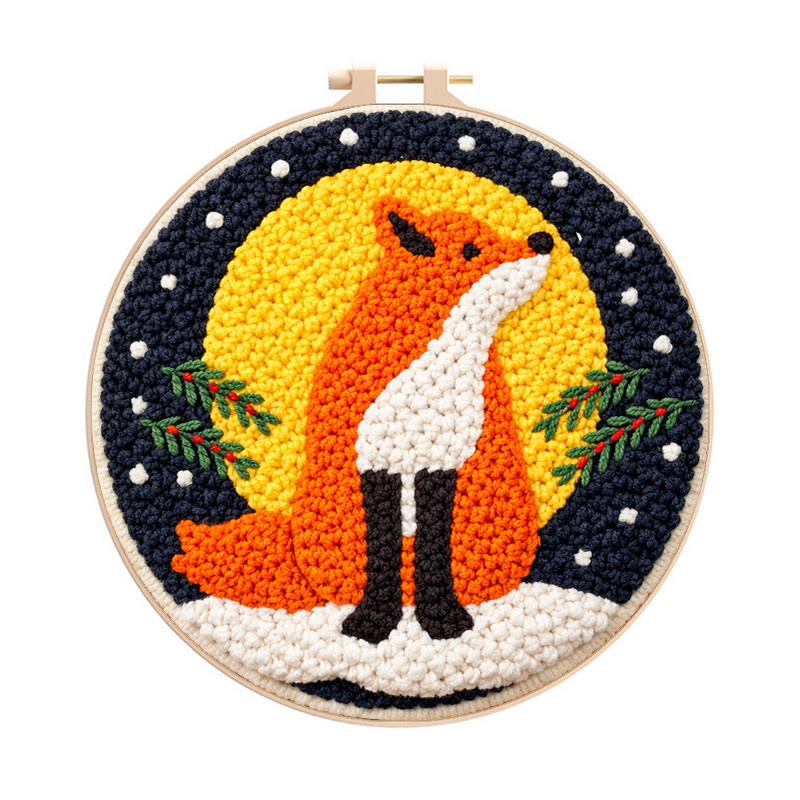 Wintry Moonlit Fox Punch Needle Kit – Top Gifting Choice | Cozy Warm Decor Pendant - 8 inch Hoop Kit - image 1