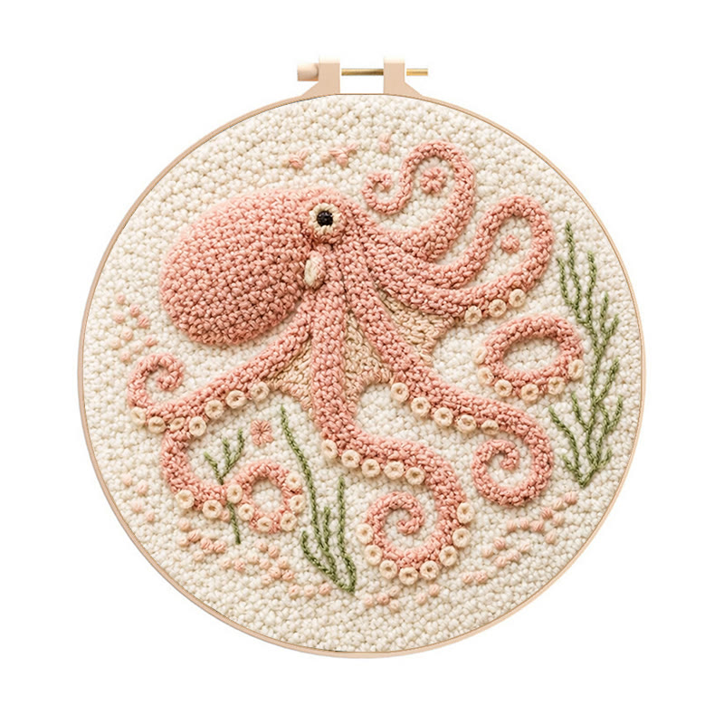 Blush Curly Octopus Punch Needle Kit – Top Gift Pick | Fun-filled Diy Creation - 8 inch Hoop Kit - image 1