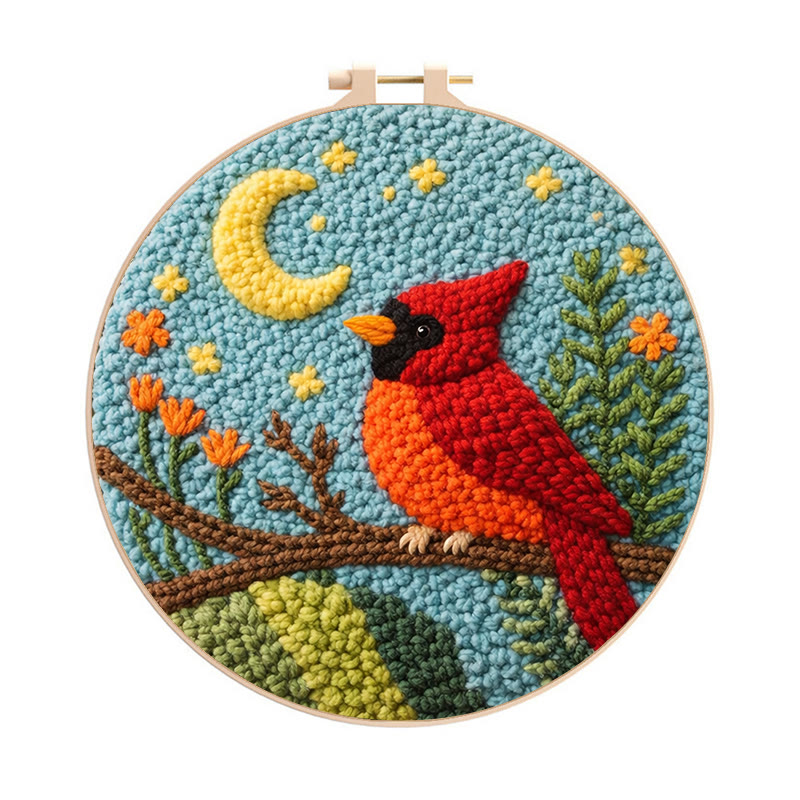 Moonlit Red Cardinal Punch Needle Kit – Thoughtful Gift for Her | Elegant Cozy Home Decor - 8 inch Hoop Kit - image 1