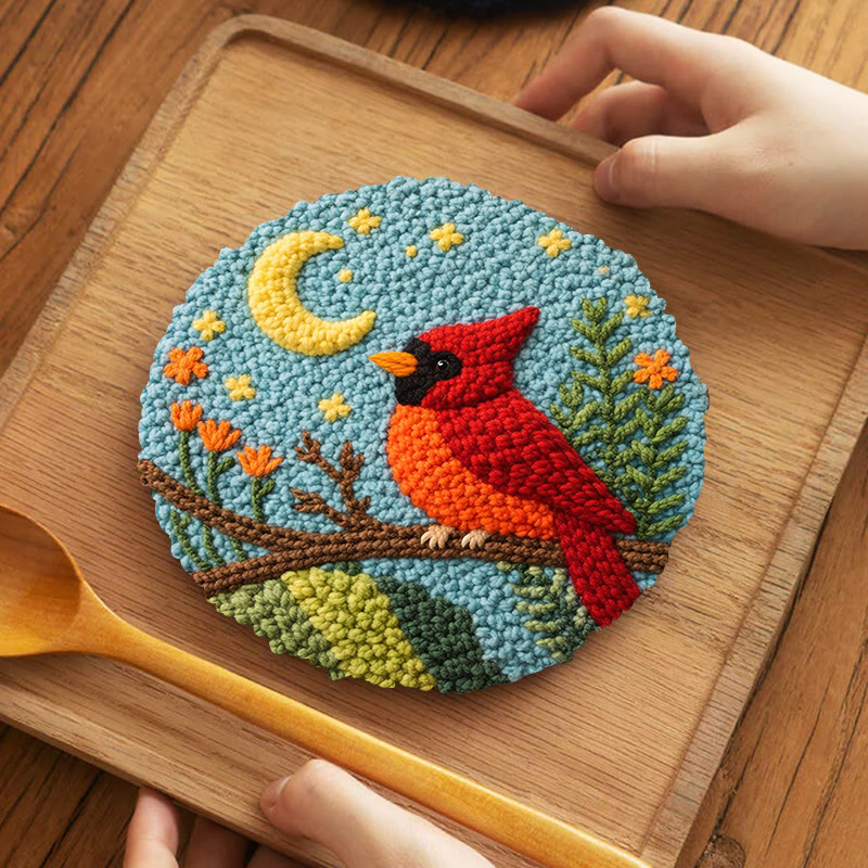 Moonlit Red Cardinal Punch Needle Kit – Thoughtful Gift for Her | Elegant Cozy Home Decor - 5 inch Coaster Kit - image 4