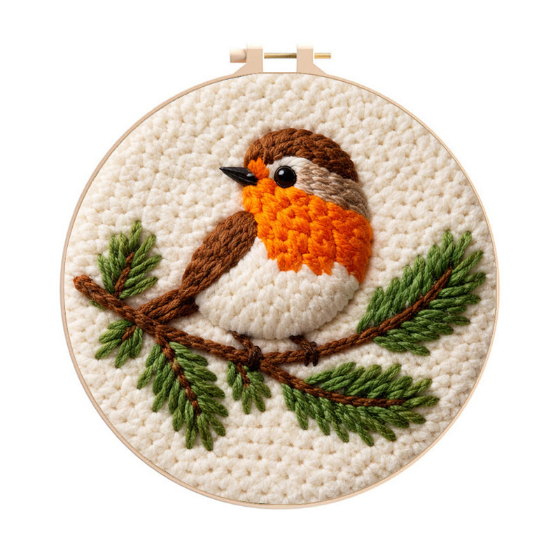 Cheerful Robin Branch Punch Needle Kit – Simple Handcraft Diy | Easy-to-make Decorative Pendant - 8 inch Hoop Kit - image 1