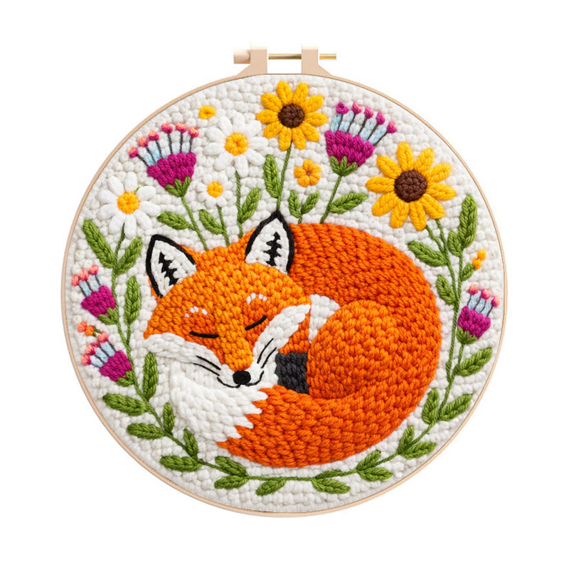 Snuggly Dozing Fox Floral Punch Needle Kit – Leading Gifting Option | Refined Artisanal Handcraft - 8 inch Hoop Kit - image 1