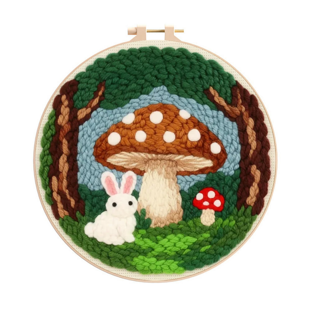 Whimsical Forest Bunny Mushroom Punch Needle Kit – Gift for Handcraft Enthusiasts | Warm Cute Home Decor - 8 inch Hoop Kit - image 1