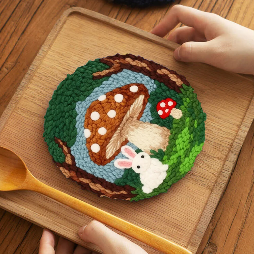 Whimsical Forest Bunny Mushroom Punch Needle Kit – Gift for Handcraft Enthusiasts | Warm Cute Home Decor - 5 inch Coaster Kit - image 4