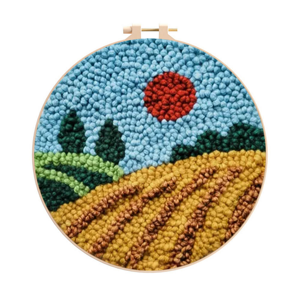 Sunset Countryside Landscape Punch Needle Kit – Cozy Home Handcraft | Newbie-friendly Diy Project - 8 inch Hoop Kit - image 1