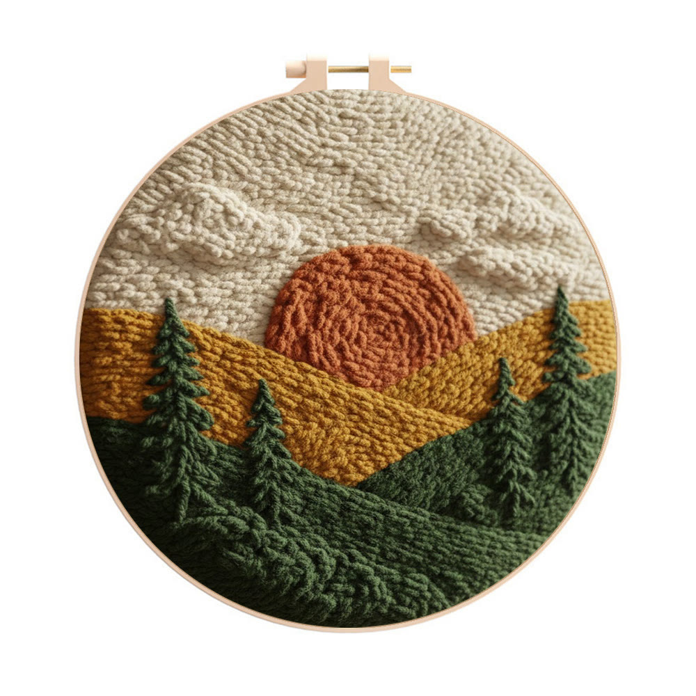 Autumnal Sunset Mountain Forest Punch Needle Kit – Top Gifting Choice | Cozy Warm Home Decor - 8 inch Hoop Kit - image 1