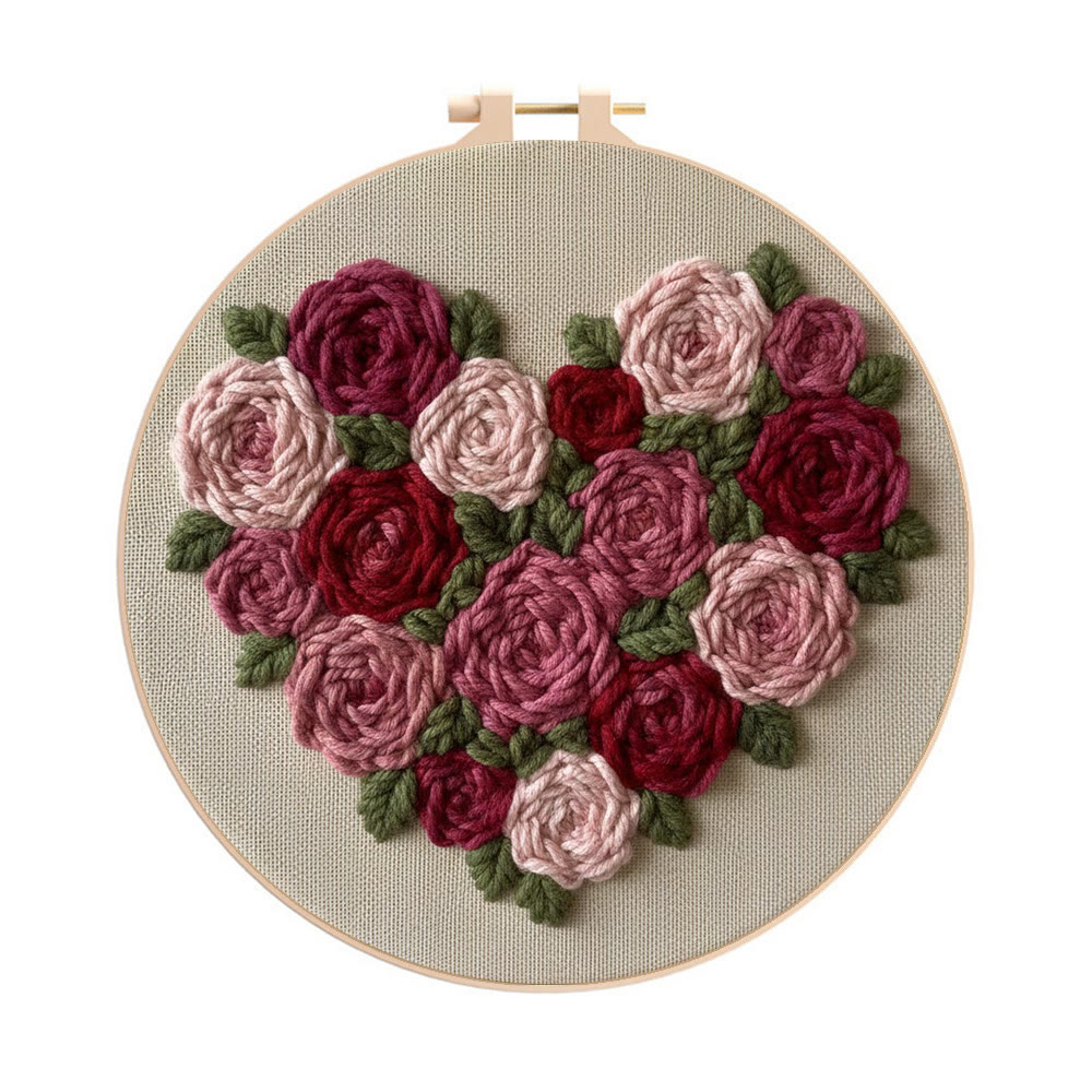 Heart-shaped Rose Bouquet Punch Needle Kit – Thoughtful Gift For Her | Exquisite Decorative Pendant - 8 inch Hoop Kit - image 1