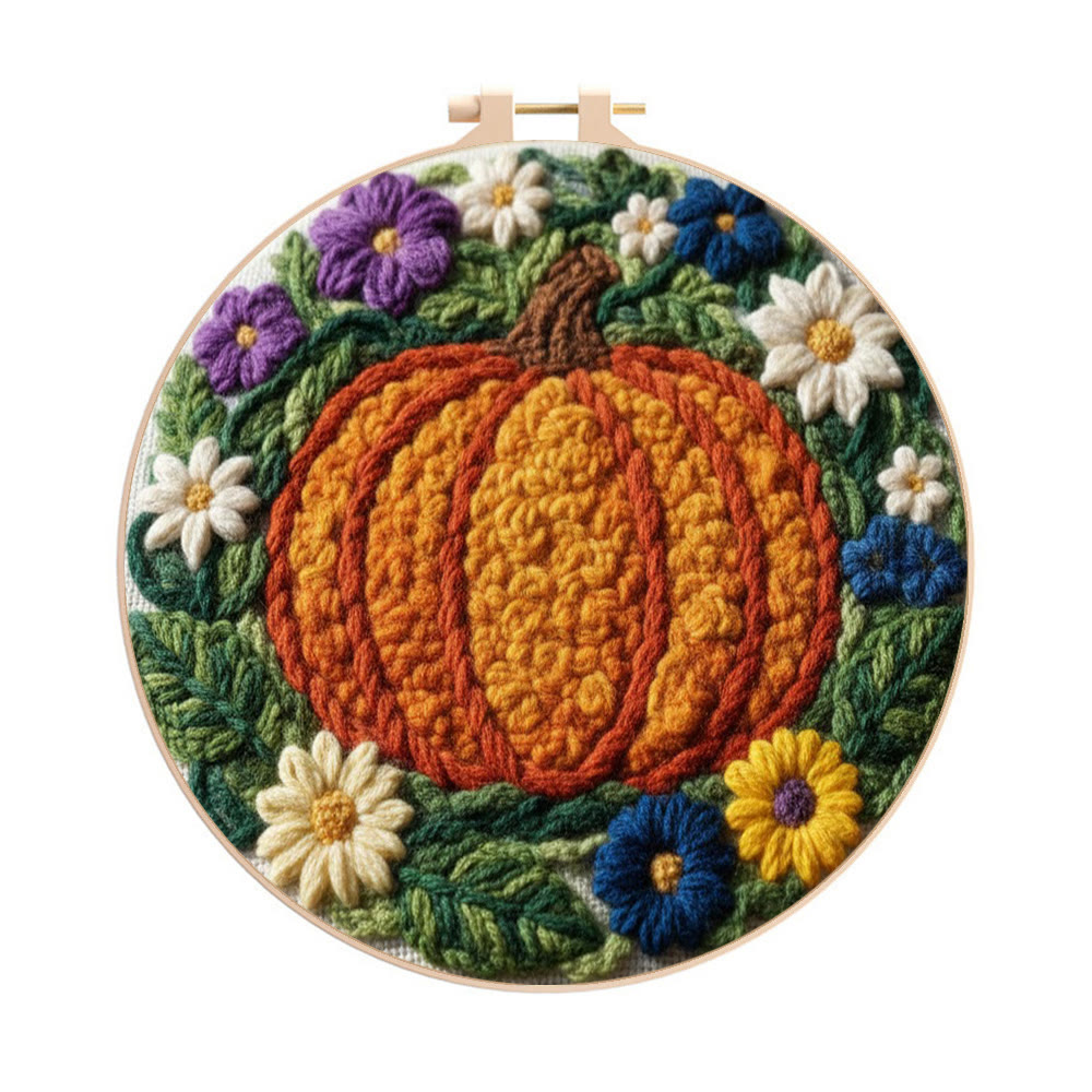 Vibrant Autumn Pumpkin Floral Punch Needle Kit – Exquisite Handcraft Piece | Ultimate Gifting Choice - 8 inch Hoop Kit - image 1