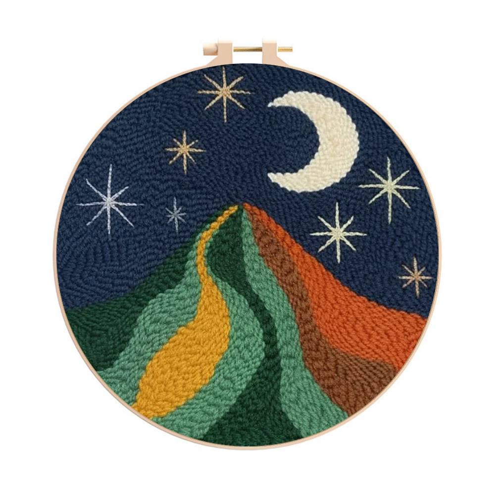 Starry Moonlit Mountainscape Punch Needle Kit – Newbie-friendly Diy Handcraft | Scenic Decorative Hanger - 8 inch Hoop Kit - image 1