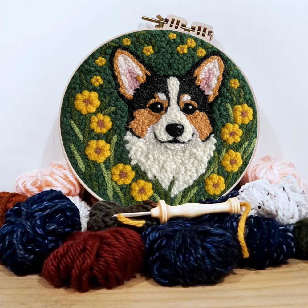 Lively Corgi In Yellow Floral Cluster Punch Needle Kit – Endearing Home Decor | Top Gifting Choice - image 2