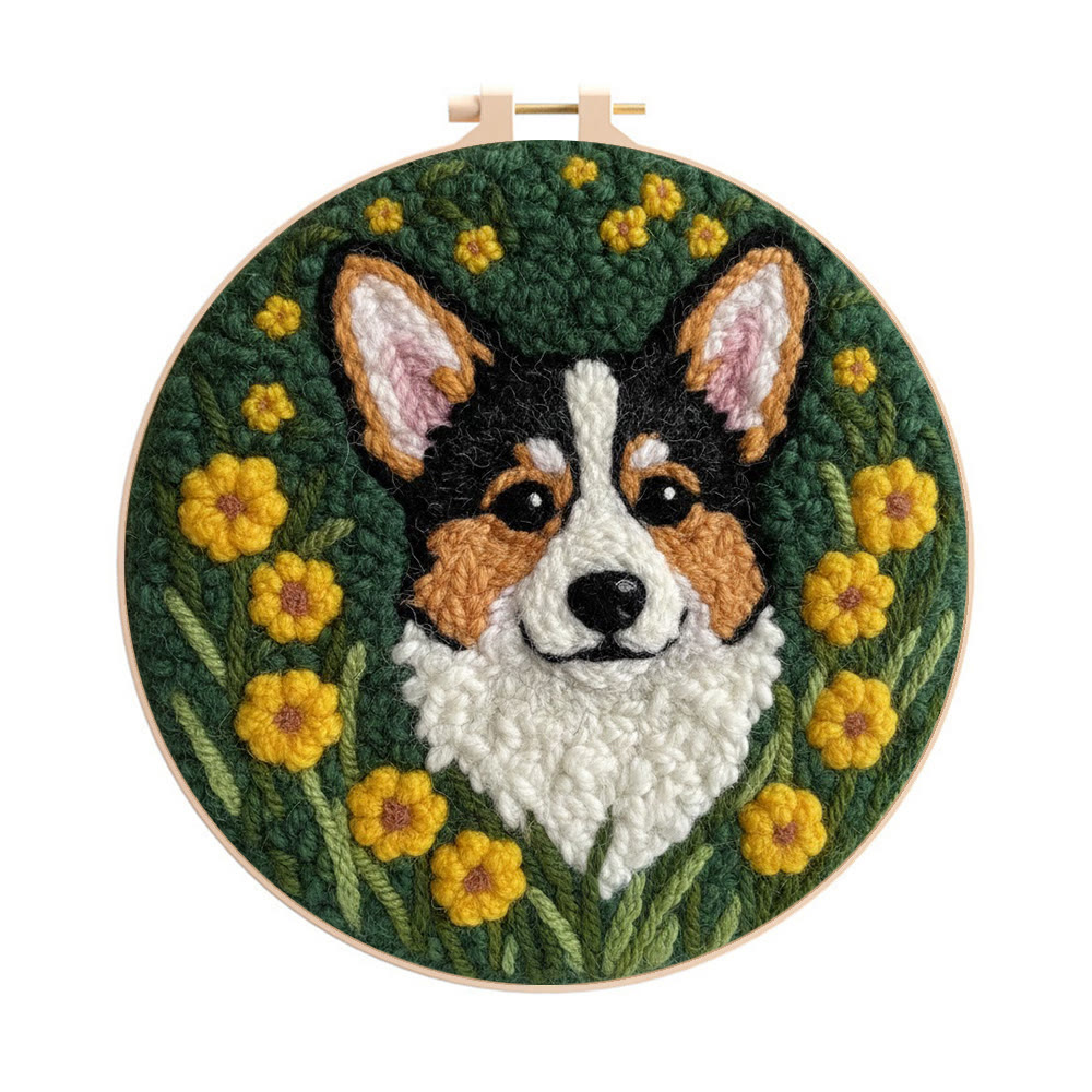 Lively Corgi In Yellow Floral Cluster Punch Needle Kit – Endearing Home Decor | Top Gifting Choice - 8 inch Hoop Kit - image 1