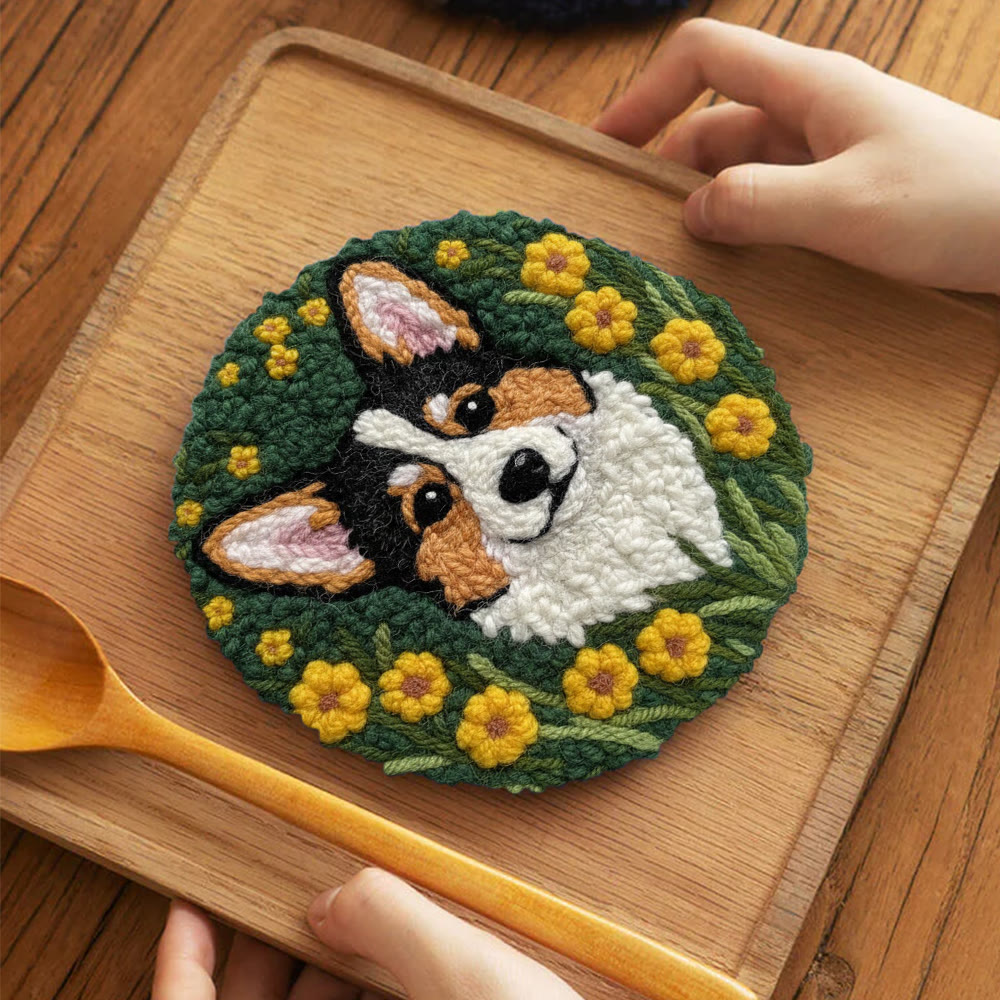 Lively Corgi In Yellow Floral Cluster Punch Needle Kit – Endearing Home Decor | Top Gifting Choice - 5 inch Coaster Kit - image 4
