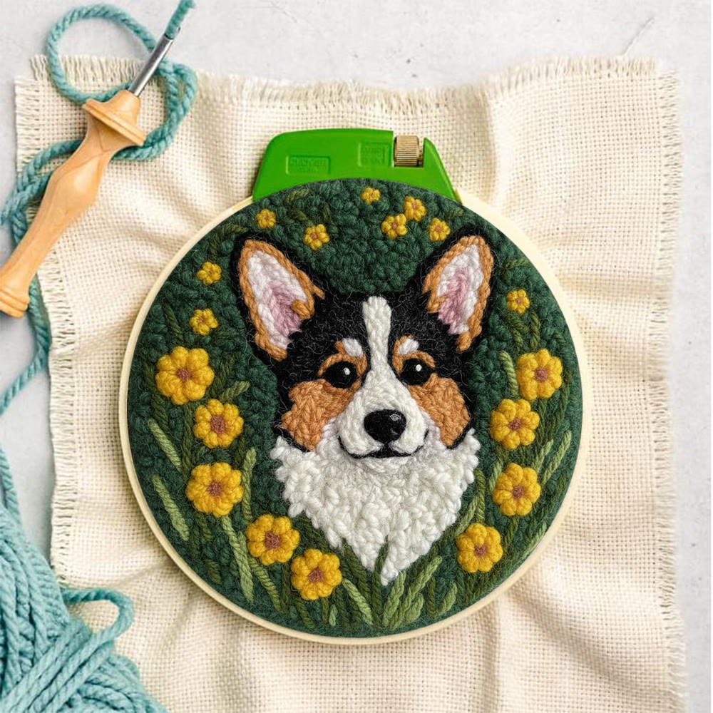 Lively Corgi In Yellow Floral Cluster Punch Needle Kit – Endearing Home Decor | Top Gifting Choice - image 3