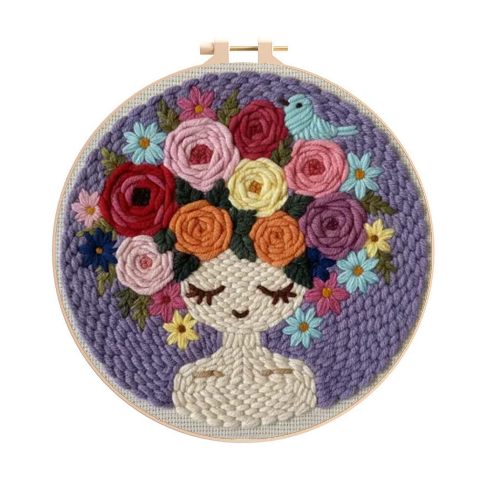 Pastel Floral Portrait With Bird Punch Needle Kit – Artistic Handcraft DIY Work | Elegant Home Decor - 8 inch Hoop Kit - image 1