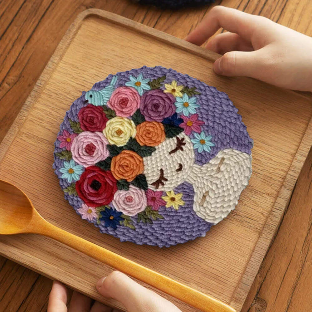 Pastel Floral Portrait With Bird Punch Needle Kit – Artistic Handcraft DIY Work | Elegant Home Decor - 5 inch Coaster Kit - image 4