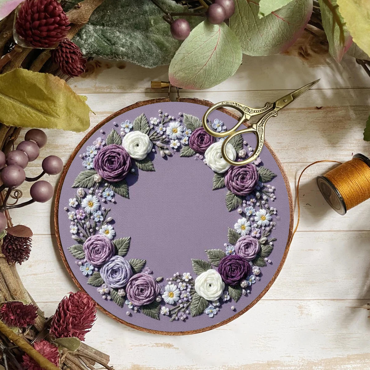 Rubbyoo Embroidery Kit - Purple Flower Wreath | Beginner Botanical Design | Diy Home Decor - image 6