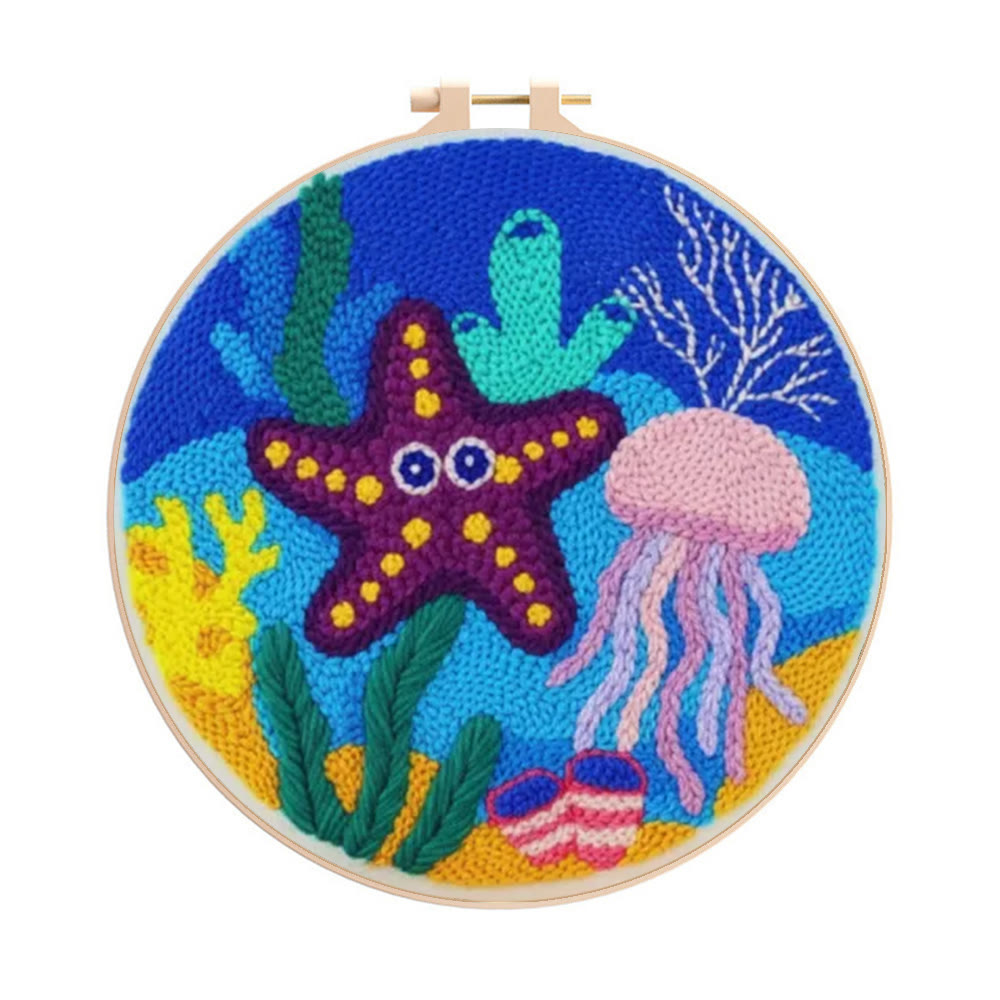 Cheerful Seabed Creatures Punch Needle Kit – Playful Underwater Vibe Handcraft | Lively Space Accent Ornament - 8 inch Hoop Kit - image 1