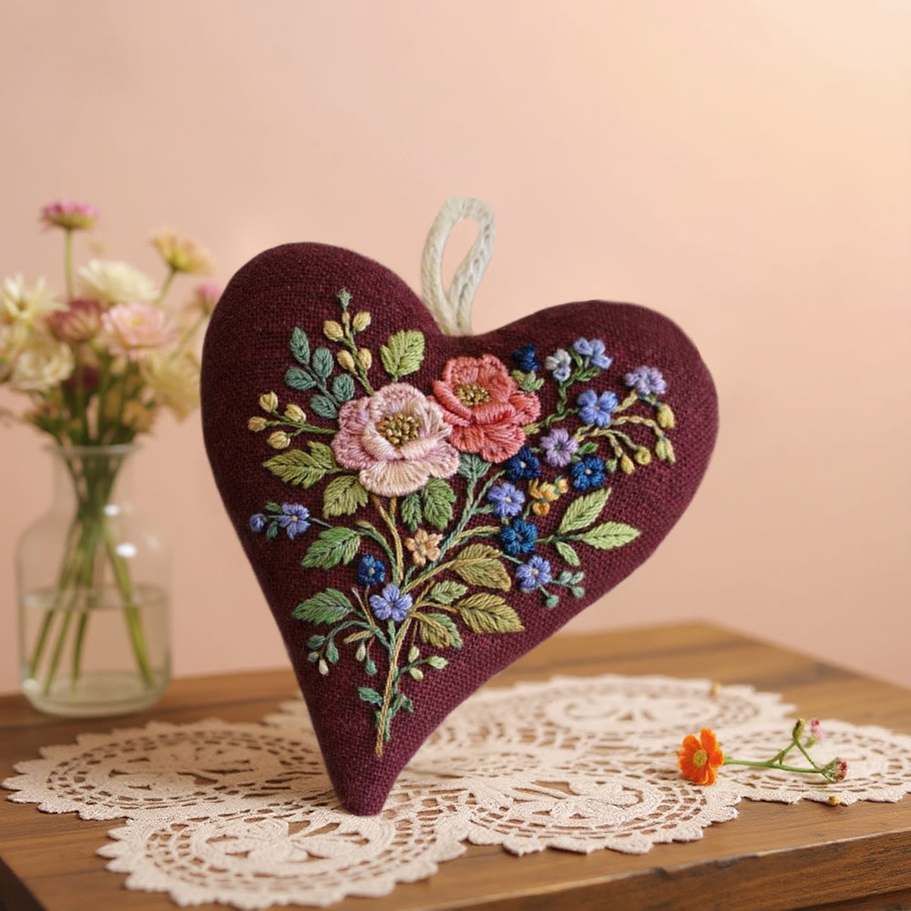 Rubbyoo Heart Embroidery Kit - Burgundy Floral Bouquet Design | Gentle Handmade Diy | Elegant Gifting Choice - image 2