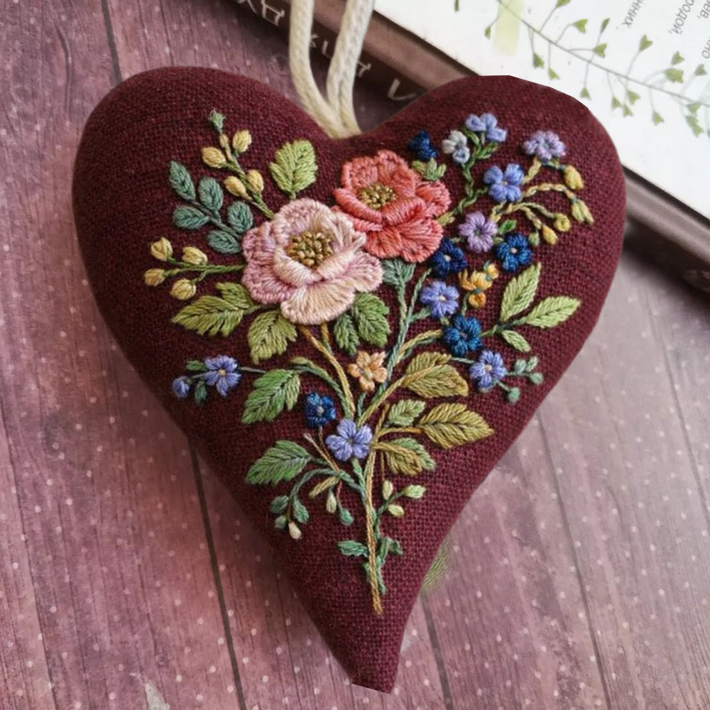 Rubbyoo Heart Embroidery Kit - Burgundy Floral Bouquet Design | Gentle Handmade Diy | Elegant Gifting Choice - 6 inches hoop kit - image 1