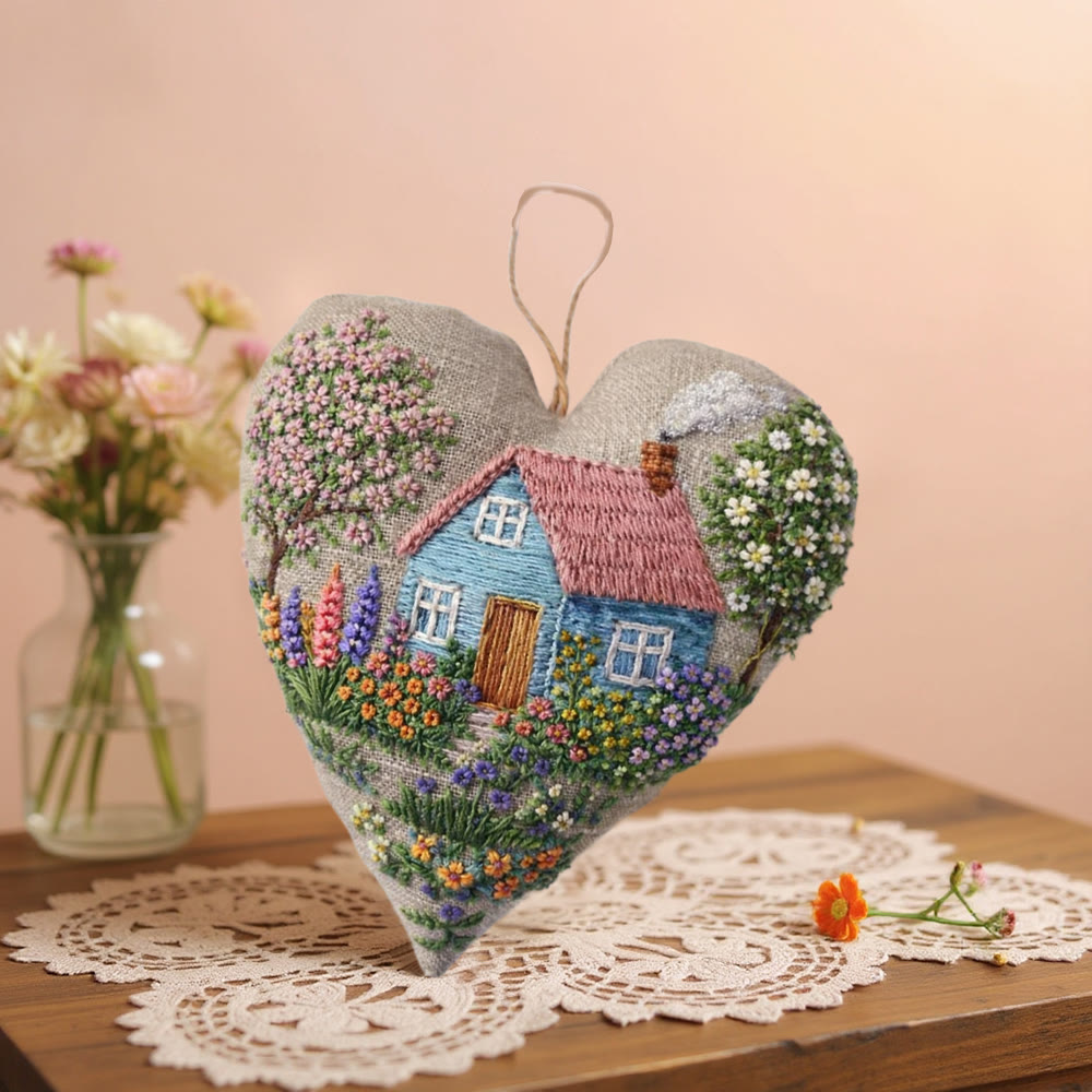 Rubbyoo Heart Embroidery Kit - Cottage With Blossom Landscape Motif | Delicate Handstitched Craft | Cozy Pendant - image 2