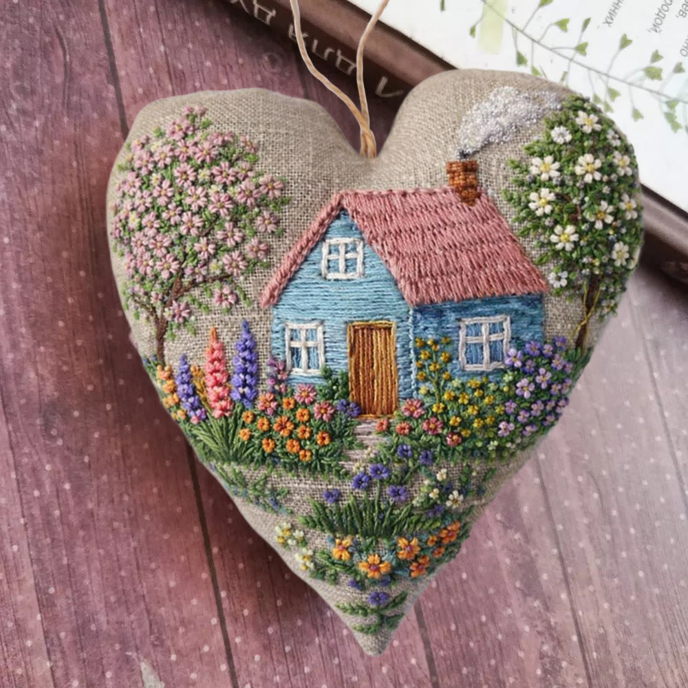 Rubbyoo Heart Embroidery Kit - Cottage With Blossom Landscape Motif | Delicate Handstitched Craft | Cozy Pendant - 6 inches hoop kit - image 1