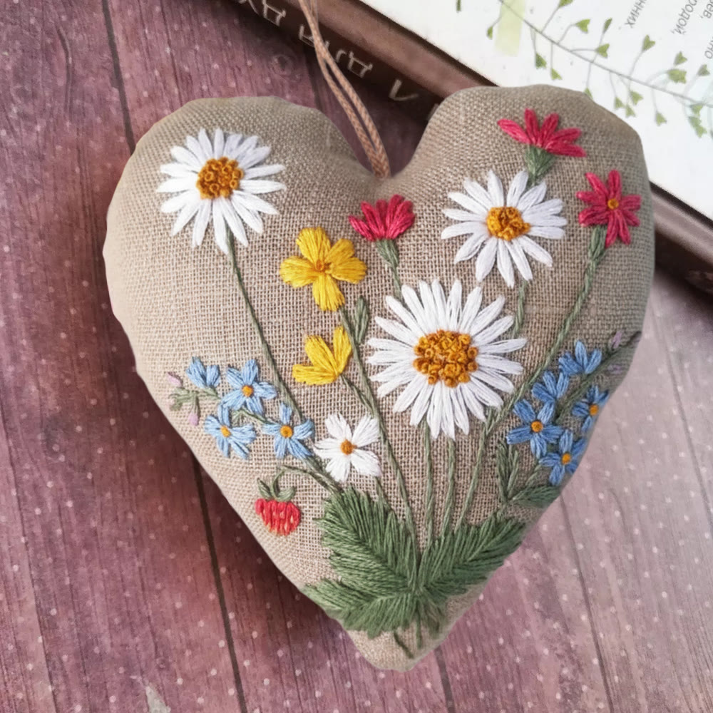 Rubbyoo Heart Embroidery Kit - Daisy Wildflower With Strawberry Motif | Beginner-easy Diy | Delightful Gifting Option - 6 inches hoop kit - image 1