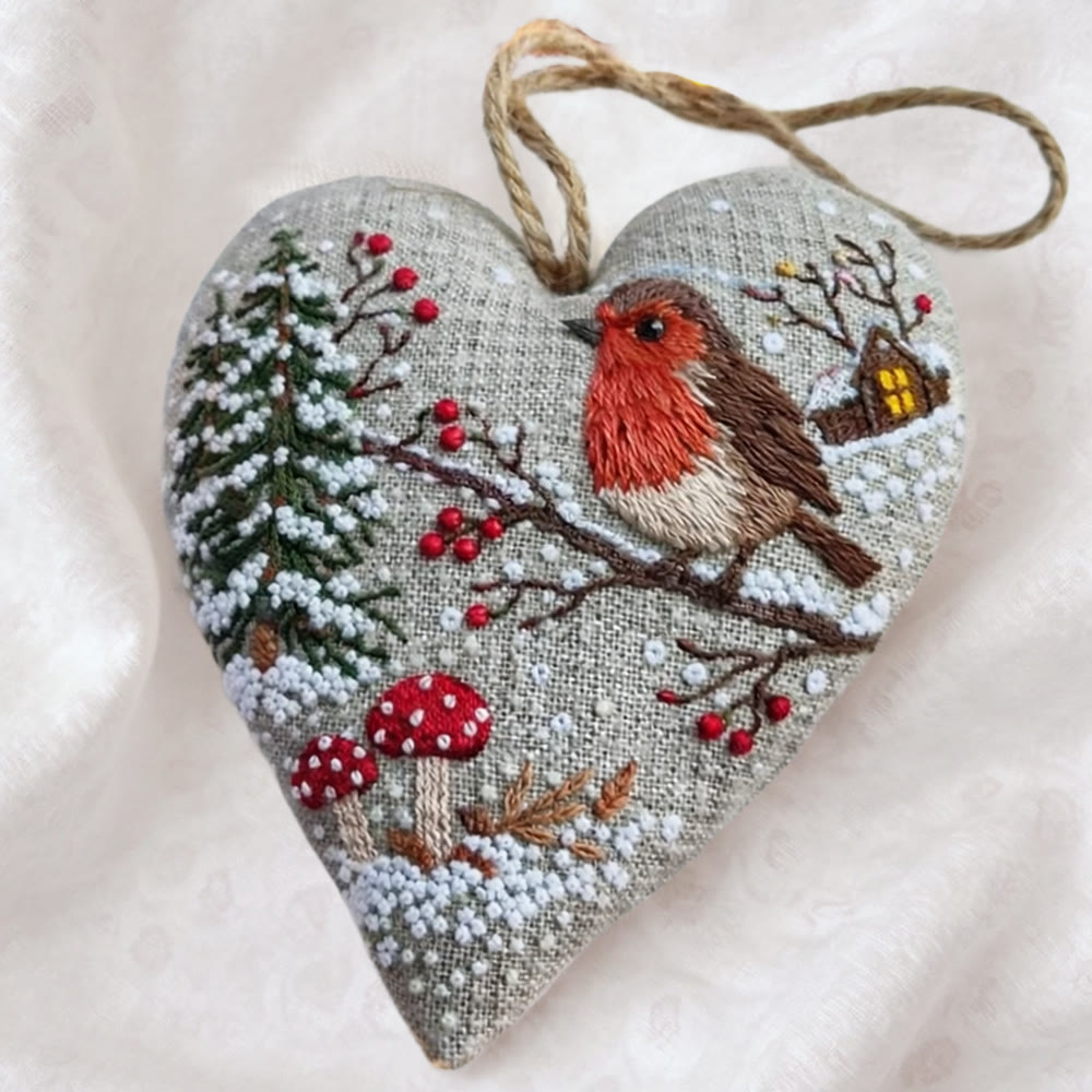 Rubbyoo Heart Embroidery Kit - Winter Robin With Snow | Cozy Handstitched Diy | Warm Seasonal Decor Pendant - image 2