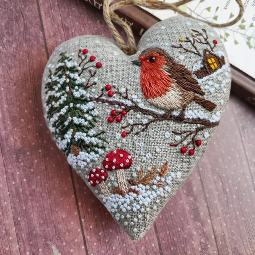 Rubbyoo Heart Embroidery Kit - Winter Robin With Snow | Cozy Handstitched Diy | Warm Seasonal Decor Pendant - 6 inches hoop kit - image 1