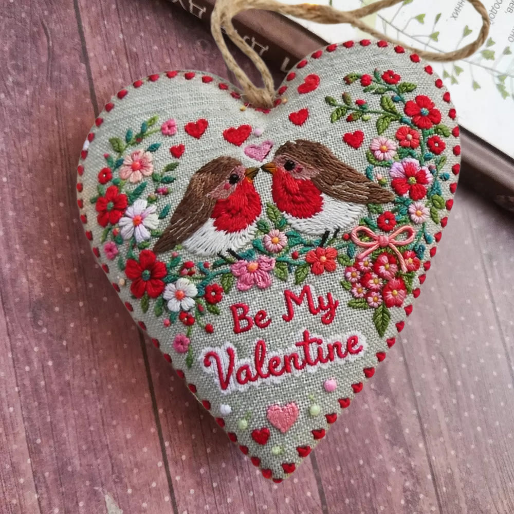 Rubbyoo Heart Embroidery Kit - Twin Robin With Lettering | Romantic Handstitched Diy | Sweet Valentine Gifting Choice - 6 inches hoop kit - image 1