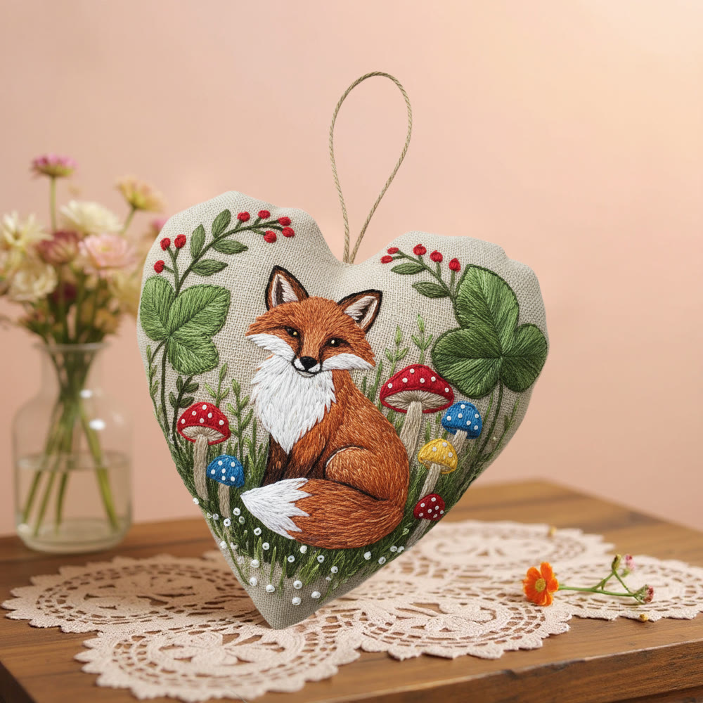Rubbyoo Heart Embroidery Kit - Fox With Colorful Mushroom Motif | Novice-friendly Craft | Whimsical Decorative Ornament - image 2