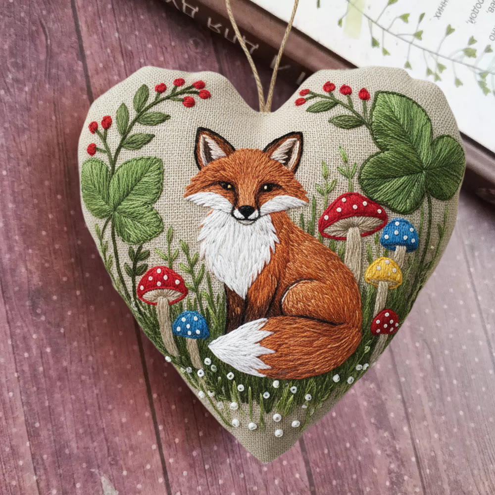 Rubbyoo Heart Embroidery Kit - Fox With Colorful Mushroom Motif | Novice-friendly Craft | Whimsical Decorative Ornament - 6 inches hoop kit - image 1
