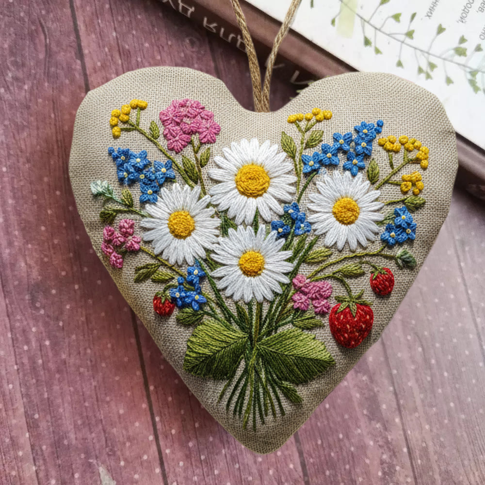 Rubbyoo Heart Embroidery Kit - Daisy Hydrangea With Strawberry Detail | Fresh Handmade Diy | Cheerful Gifting Selection - 6 inches hoop kit - image 1