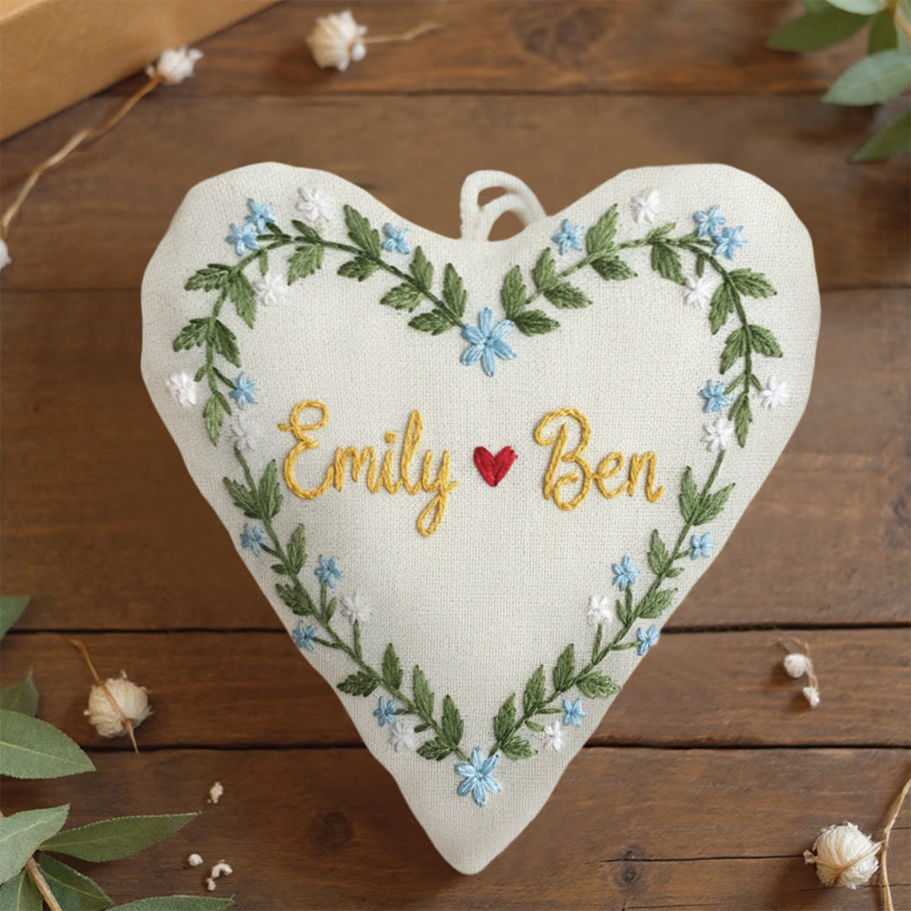 Rubbyoo Heart Embroidery Kit - Custom Dual Name With Heart Accent | Exquisite Pendant | Intimate Gifting Selection - 6 inches hoop kit - image 1
