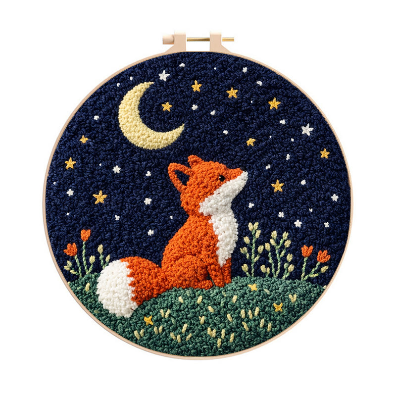 Starry Night Fox Punch Needle Kit – Whimsical Nature-themed Decor | Charming Gift For Animal Lovers - 8 inch Hoop Kit - image 1