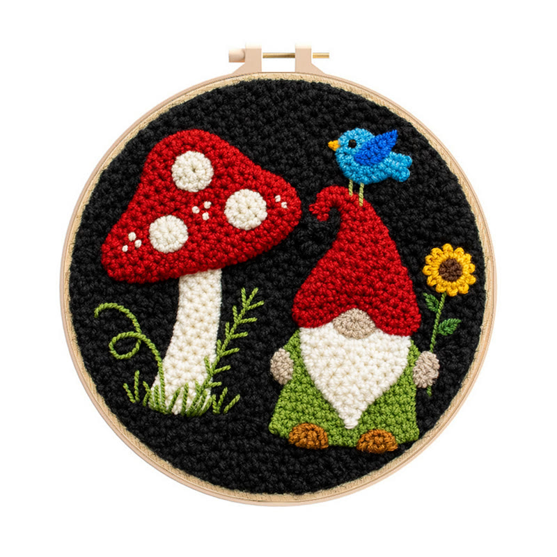 Mushroom Gnome Punch Needle Kit – Whimsical Handcraft | Cute Decorative Pendant - 8 inch Hoop Kit - image 1