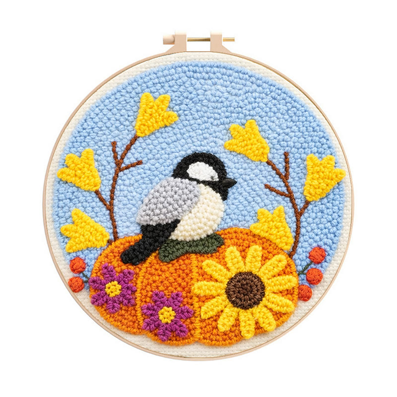 Autumn Pumpkin Bird Punch Needle Kit – Novice-friendly Diy | Seasonal Decor Accent - 8 inch Hoop Kit - image 1