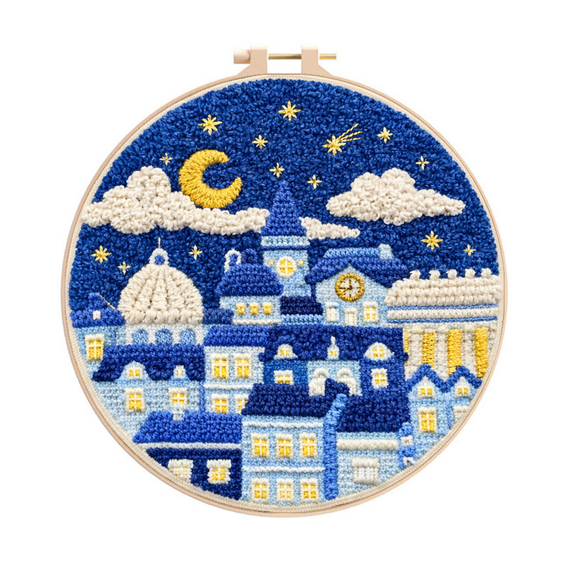 Starry Night Townscape Punch Needle Kit – Fun Handcraft Diy | Cozy Home Decor - 8 inch Hoop Kit - image 1
