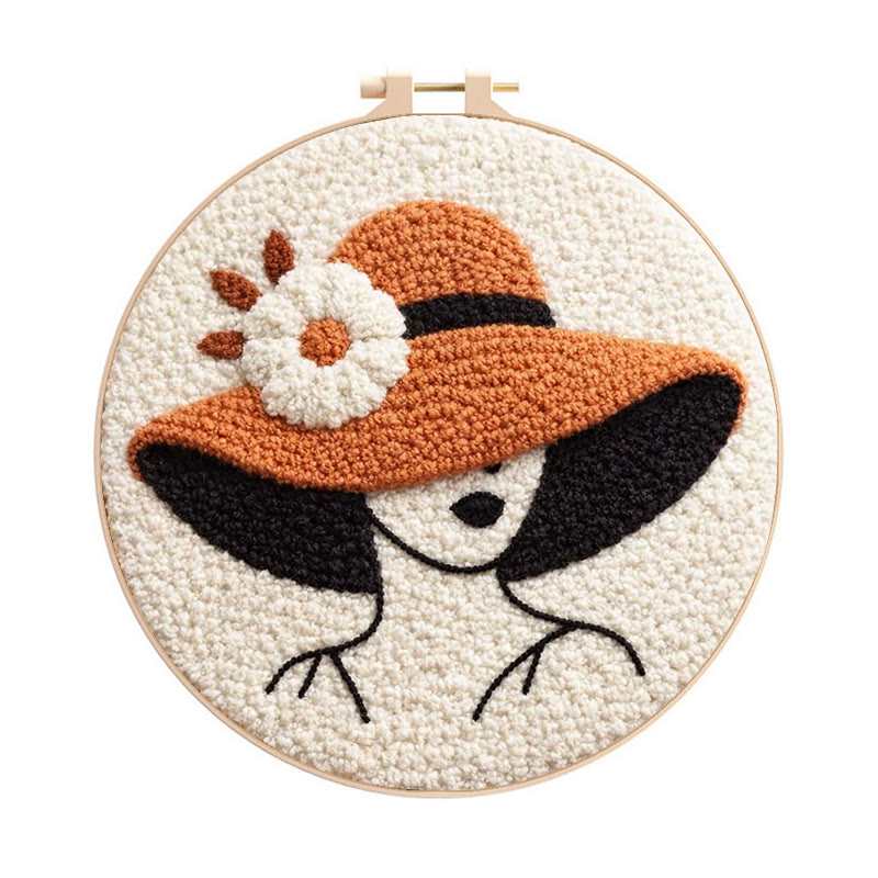 Floral Hat Lady Silhouette Punch Needle Kit - Fun Handcraft Option | Beginner Friendly Home Accent Pick - 8 inch Hoop Kit - image 1