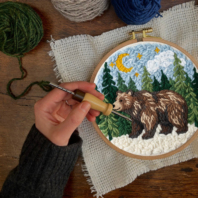 Moonlit Forest Brown Bear Punch Needle Kit - Easy DIY Project | Nature Themed Home Display Item - image 3