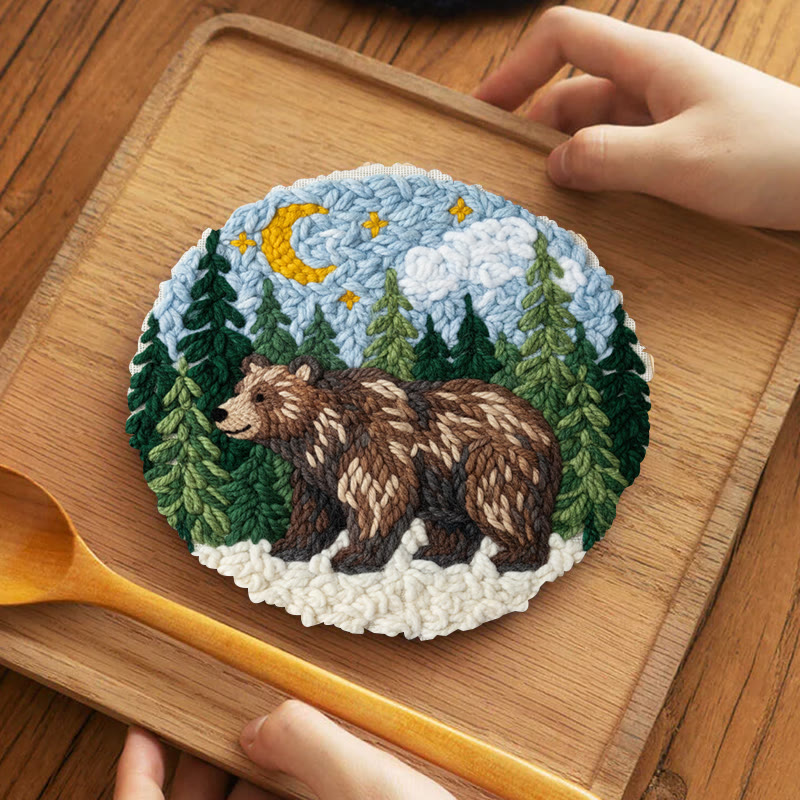 Moonlit Forest Brown Bear Punch Needle Kit - Easy DIY Project | Nature Themed Home Display Item - 5 inch Coaster Kit - image 4