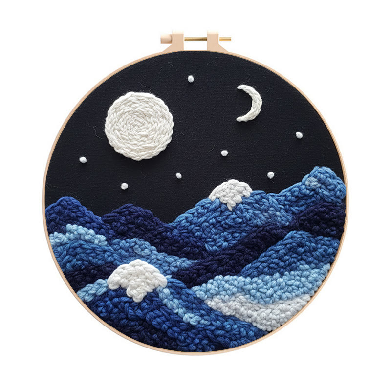 Lunar Wave Mountain Range Punch Needle Kit - Peaceful Handcraft Choice | Bedroom Vibe Enhancer - 8 inch Hoop Kit - image 1
